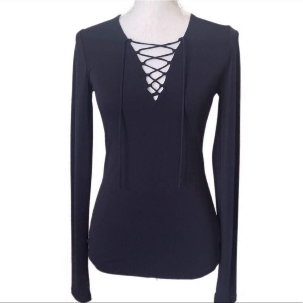 Final Price Navy Lace Up Top - Picture 2 of 6